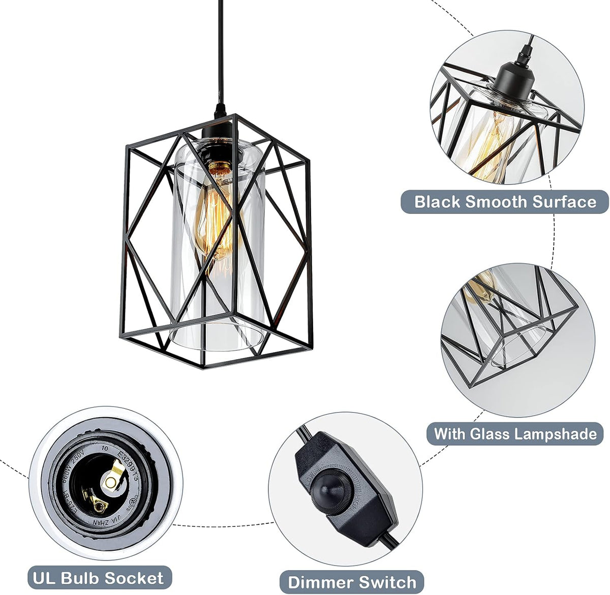 Plug in Pendant Light with Dimmer Switch, Outdoor Farmhouse Hanging Lights Fixtures for Gazebo and Porch