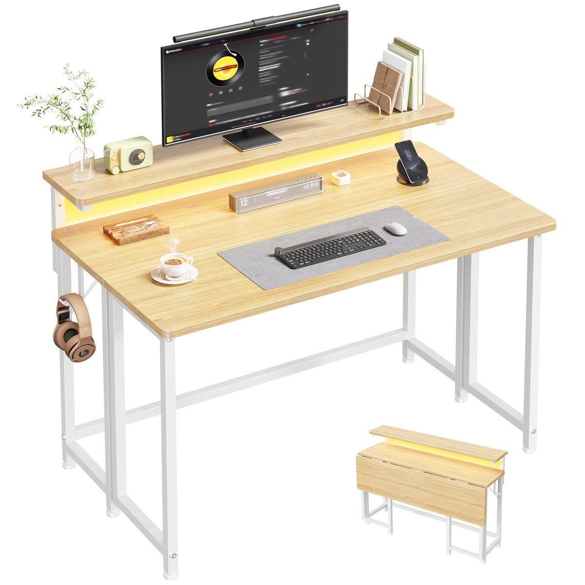 39.4" Folding Table with Ergonomic Monitor Stand&LED for Small Spaces, Oak