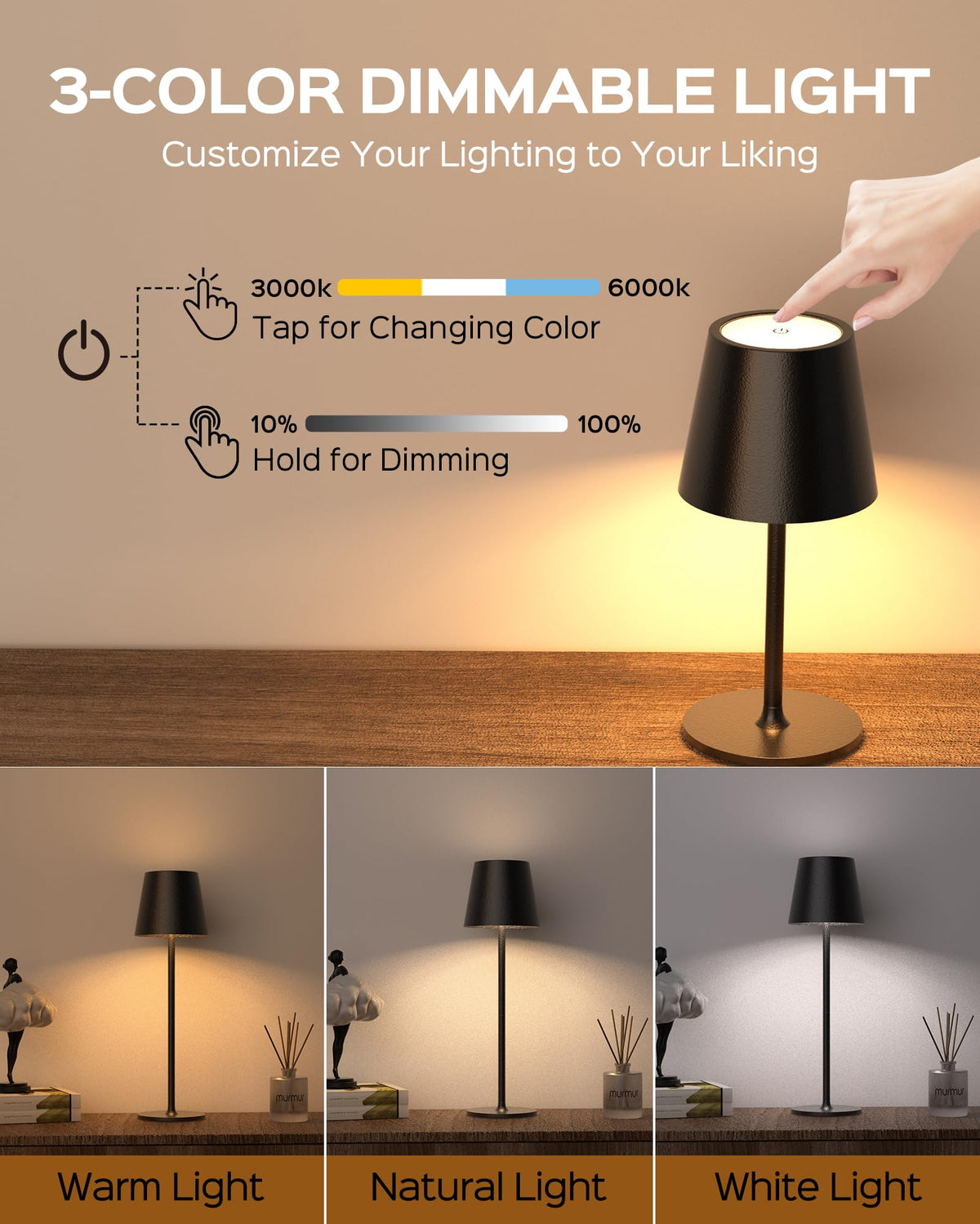Cordless Table Lamps Rechargeable, 3 Adjustable Height, 5000 Capacity Operated, 3 Colors Smooth Dimming, Portable LED
