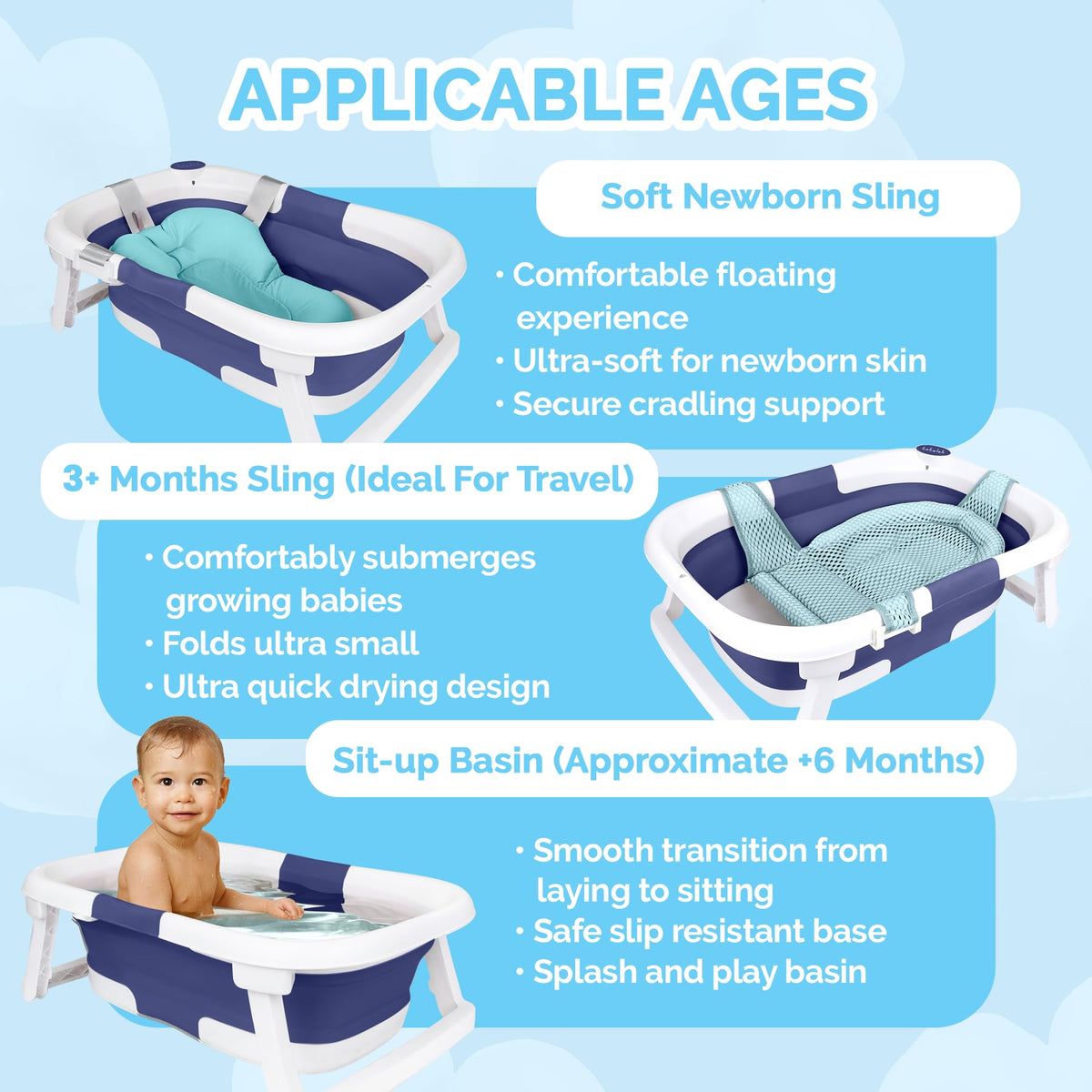 Collapsible Baby Bathtub - Bathtub + Baby tub Sling + Newborn Sling - Baby Bathtub Newborn to Toddler 0-24 Months