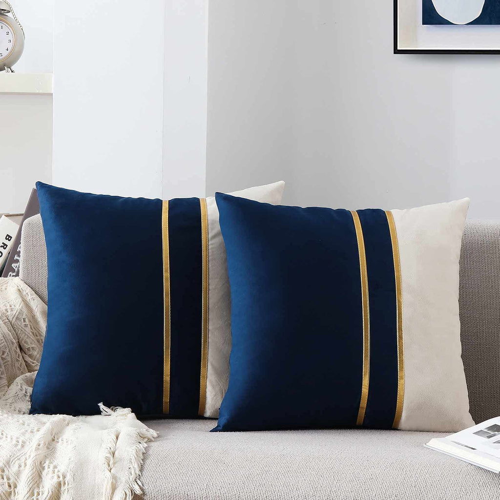 Velvet Throw Pillow Covers - Pack of 2 Soft Decorative Cushion Covers Cases with Gold Leather for Sofa Bedroom