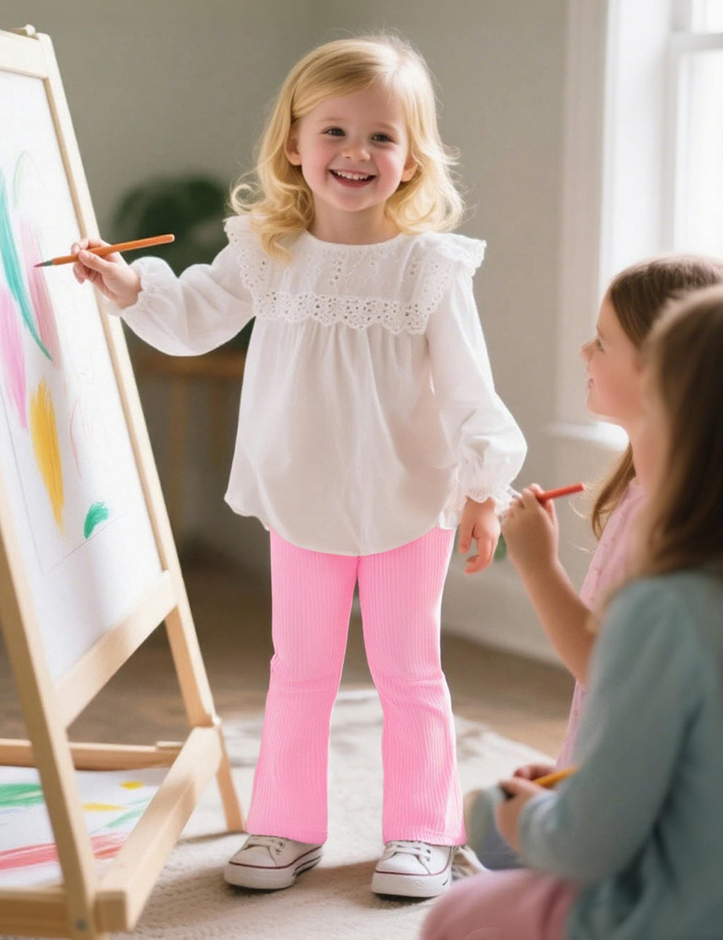 3 Pack Toddler Girl Flare Pants Baby Girls Ribbed Leggings Infant Bell Bottoms Clothes Black+White+Pink