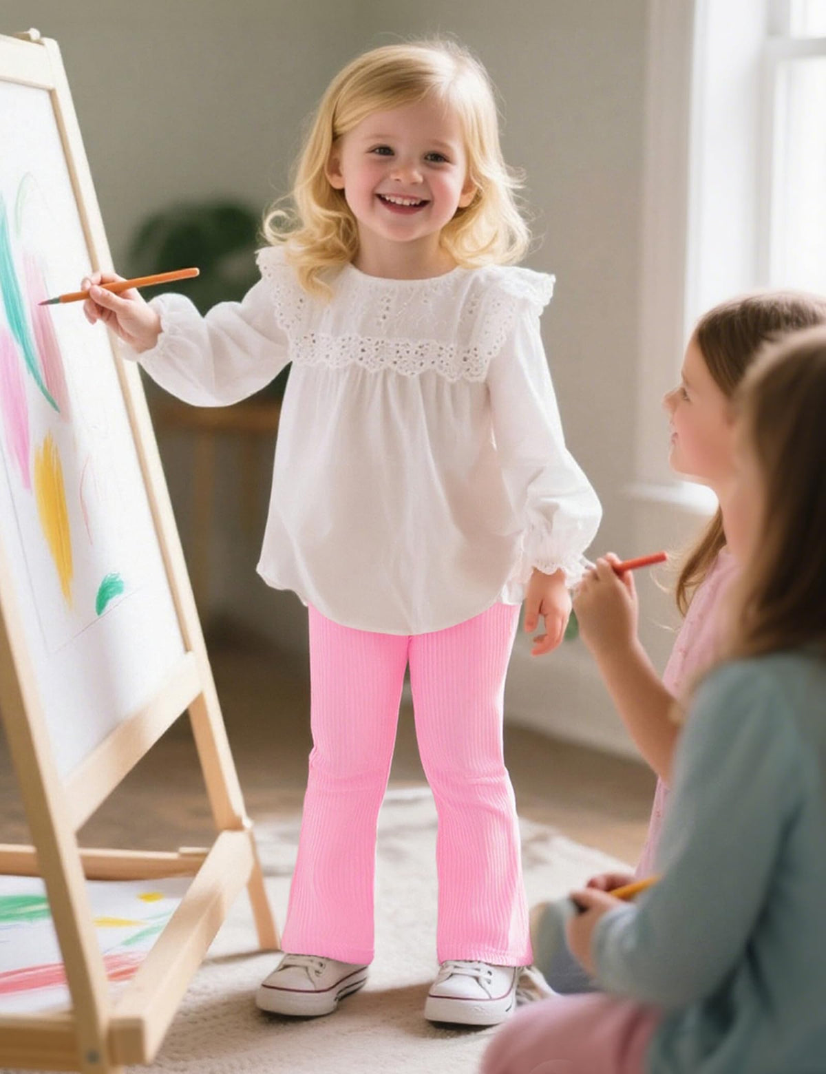 3 Pack Toddler Girl Flare Pants Baby Girls Ribbed Leggings Infant Bell Bottoms Clothes Black+White+Pink