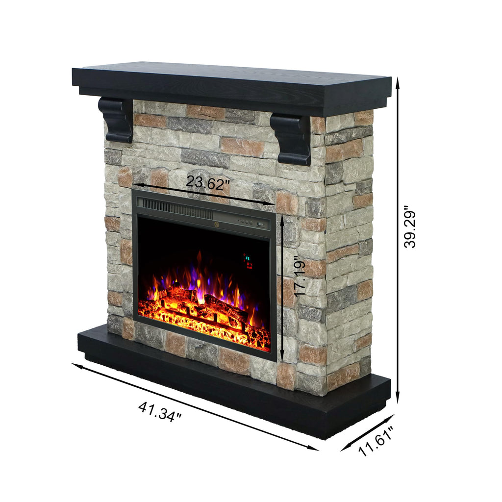 42" Electric Fireplace with Mantel, Freestanding 23" Electric Fireplace with Stone Brick Mantel Surround, Brown