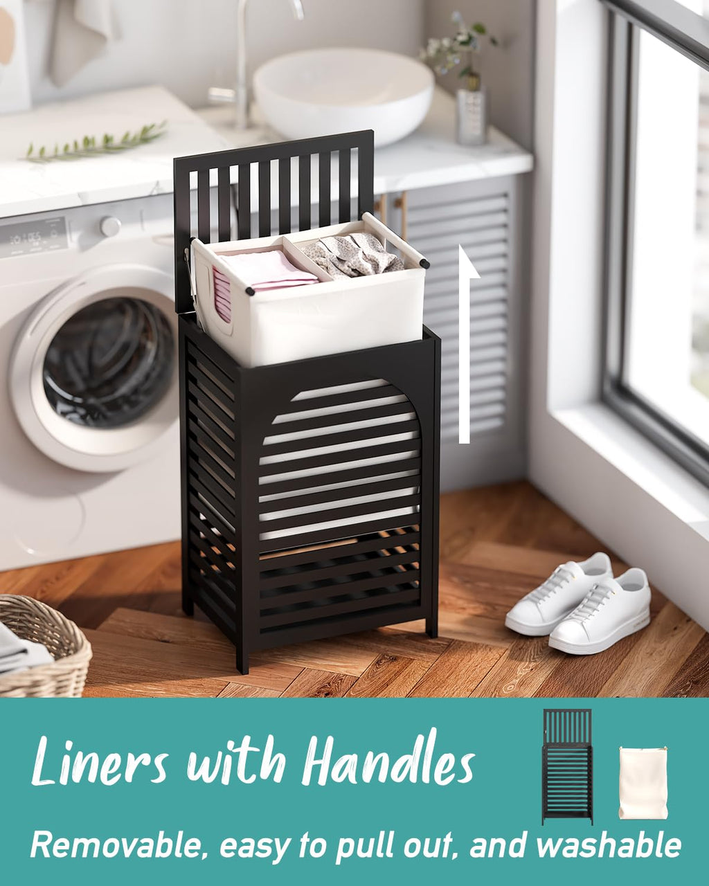 Hamper, 22.5 Gallon (85L) Bamboo Wood Clothes Laundry Basket with Lid and Handles, Removable Liner (Black, Large)