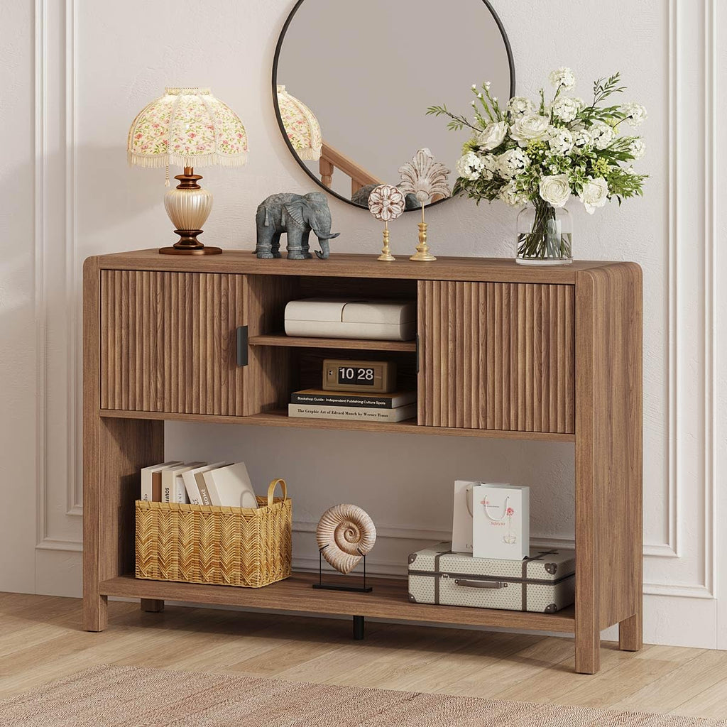 Farmhouse Console Table with 2-Door Cabinet, Retro Entryway Table with Storage Shelf, 43.31 inch Sofa Table Buffet