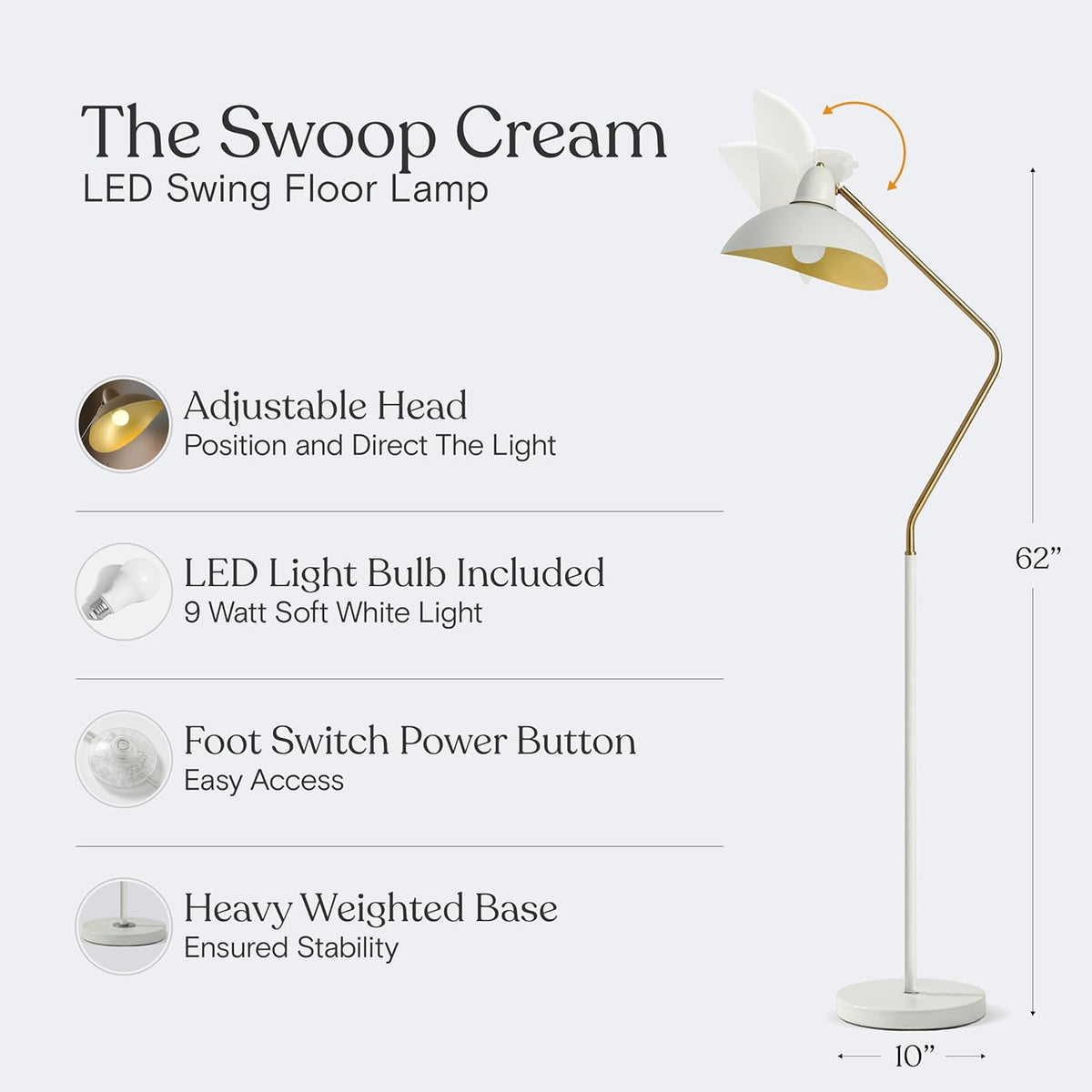 Swoop LED Floor Lampwith Adjustable Head, Modern Floor Reading Lamp for Over Chair, Living Rooms & Offices