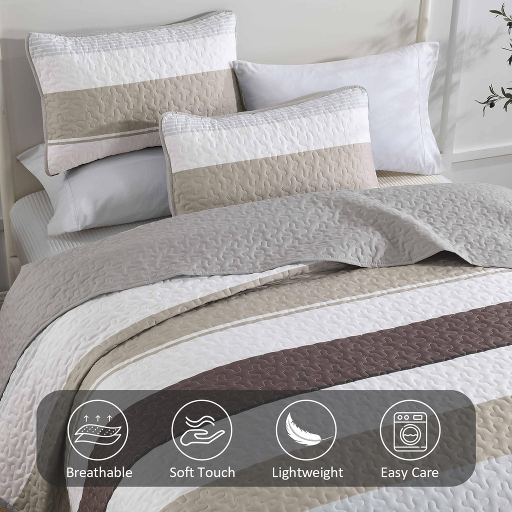Boho Stripe Quilt Set, Grey Brown Lightweight Bedspread