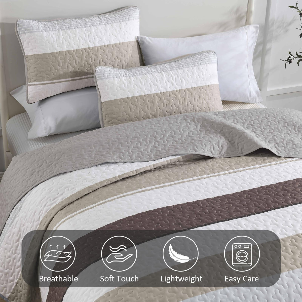 Boho Stripe Quilt Set, Grey Brown Lightweight Bedspread