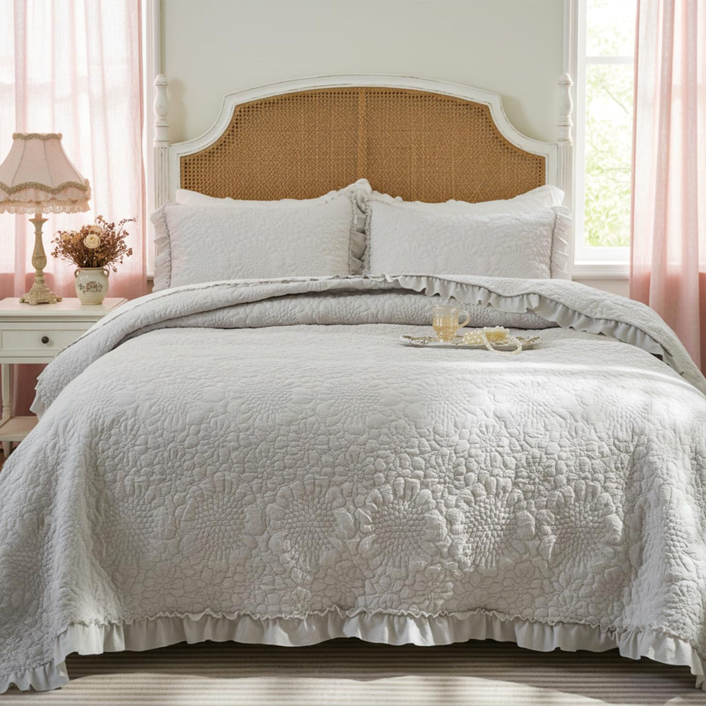 Dark Grey Farmhouse Quilt Set, Ruffled Stone-Washed Bedding
