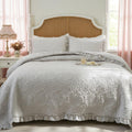Dark Grey Farmhouse Quilt Set, Ruffled Stone-Washed Bedding