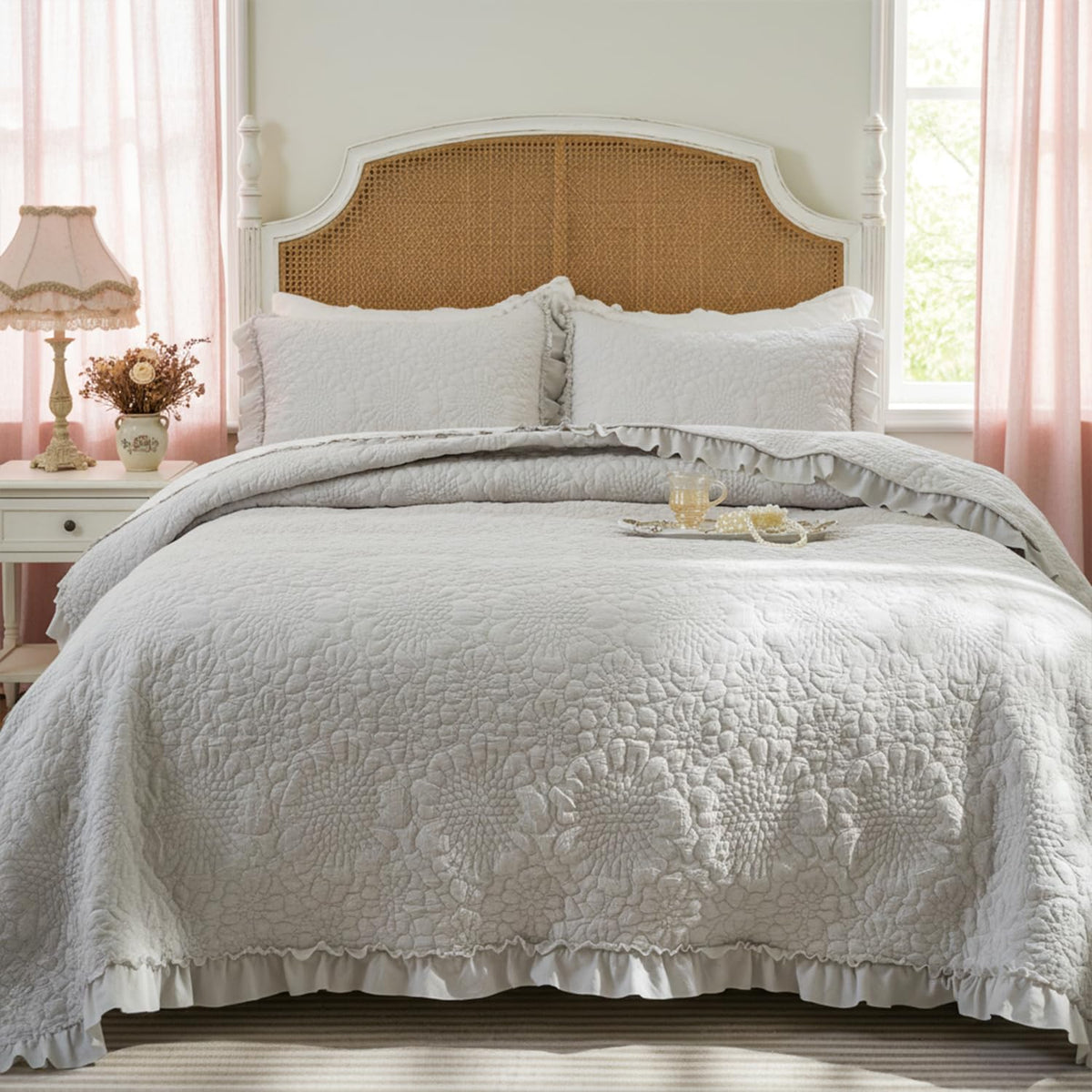 Dark Grey Farmhouse Quilt Set, Ruffled Stone-Washed Bedding