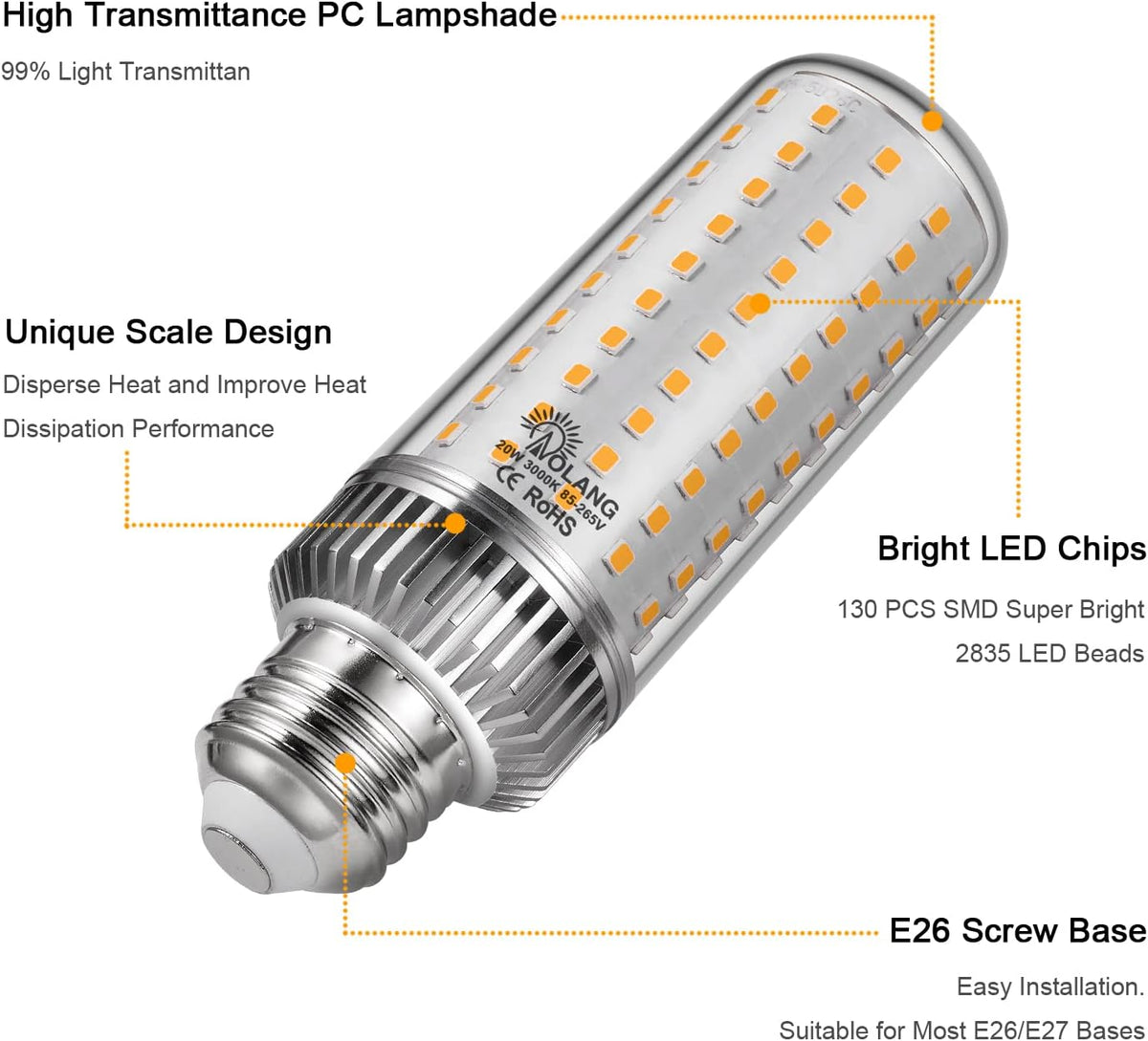 E26 LED Bulb,20W LED Corn Light Bulb 180W Equivalent 3000K Warm White 2000LM Non-dimmable Flicker Free Ceiling Fan