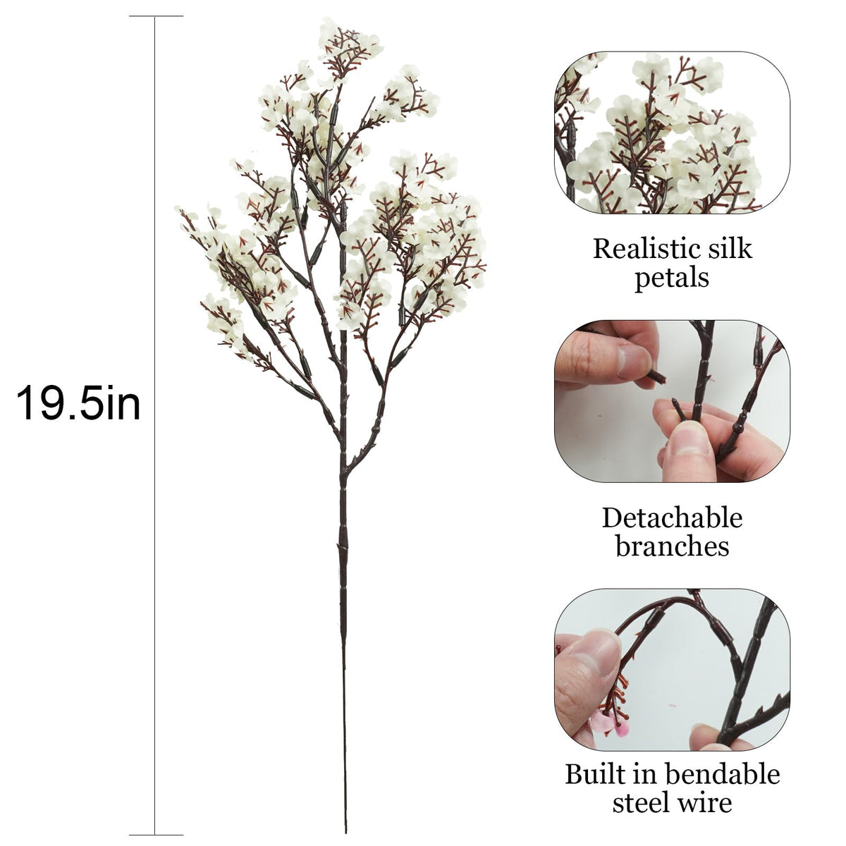 White Cherry Blossom Branches Artificial Flowers for Vase, 10 Bundles Babys Breath Fake Silk Flower Bulk, Faux