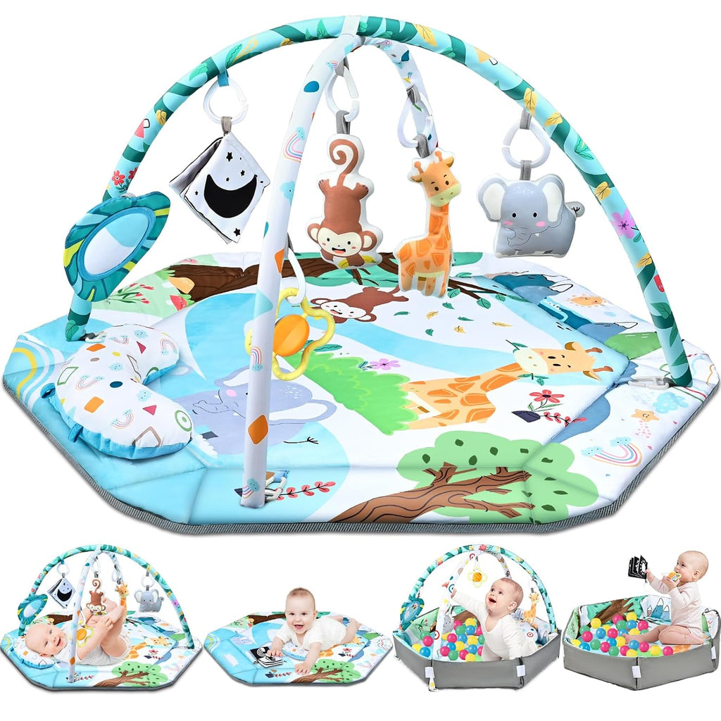Gym Play Mat, in-1 Tummy Time Mat & Ball Pit with 6 Toys, Washable Baby Activity Play Mat for Visual, Hearing