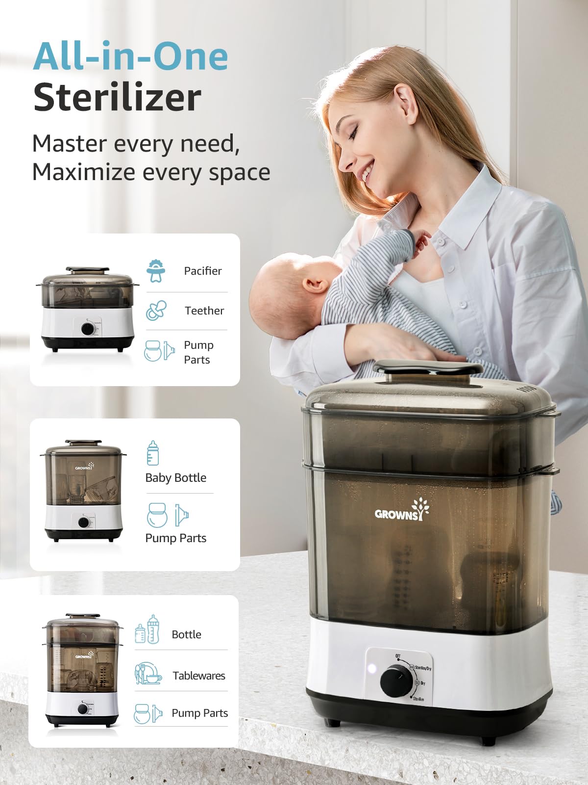 Multi-Function Large Capacity Baby Bottle Sterilizer and Dryer, Grey