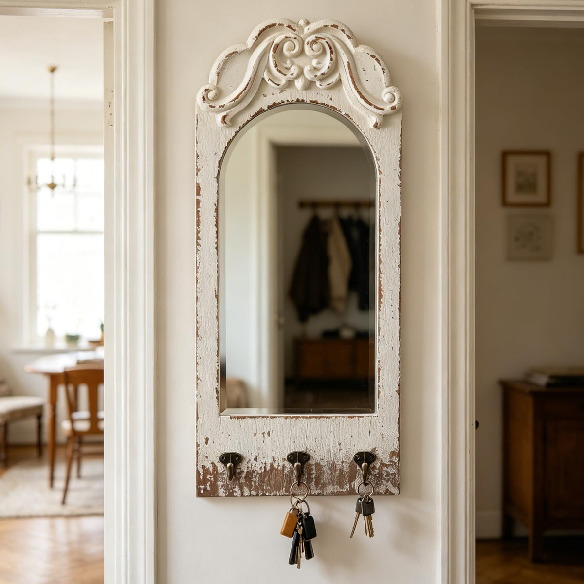 Farmhouse Entryway Mirror with 3 Hooks, 26 X 10 Inch