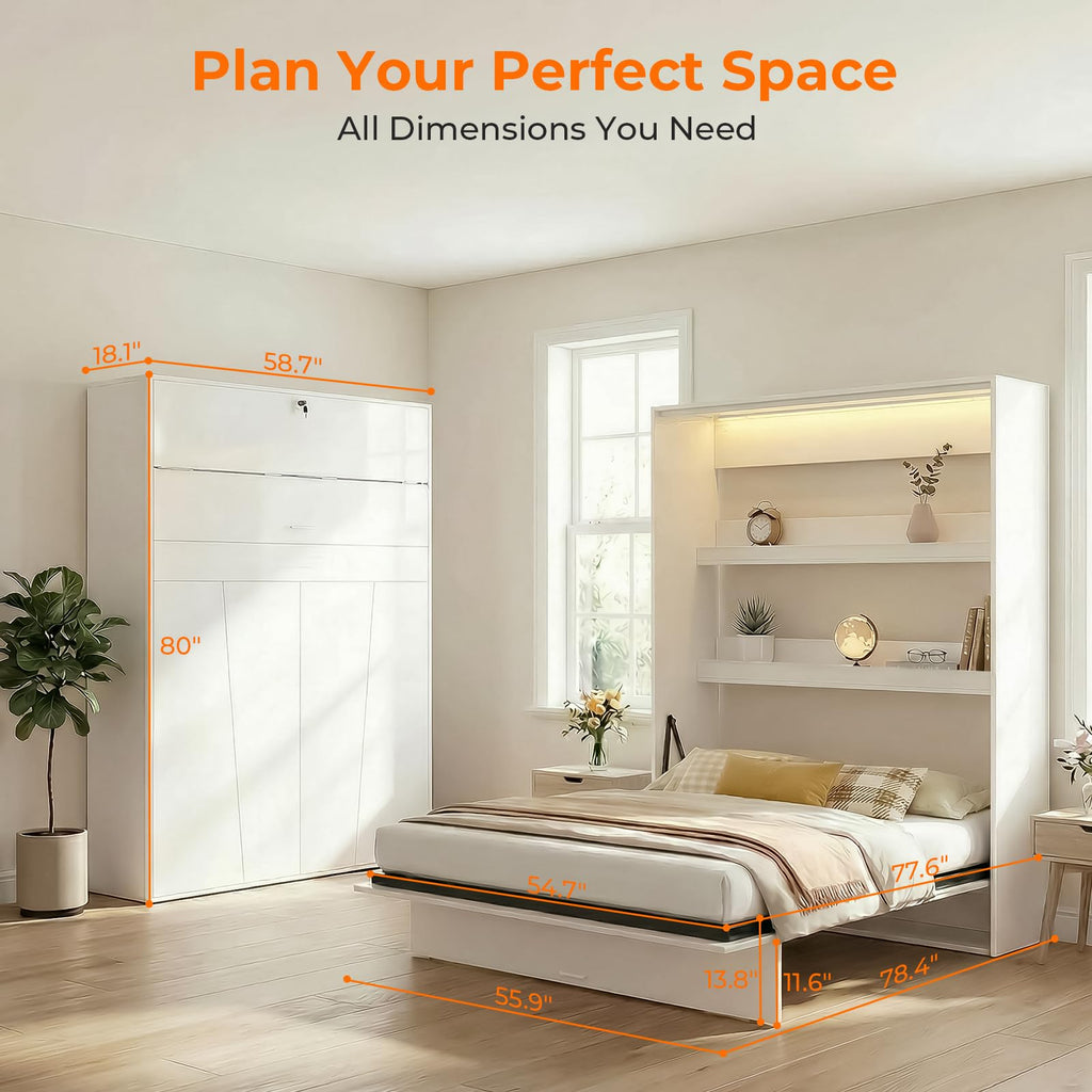 Full Vertical Murphy Bed Wall with Storage&Gas-Lift(Gloss White)