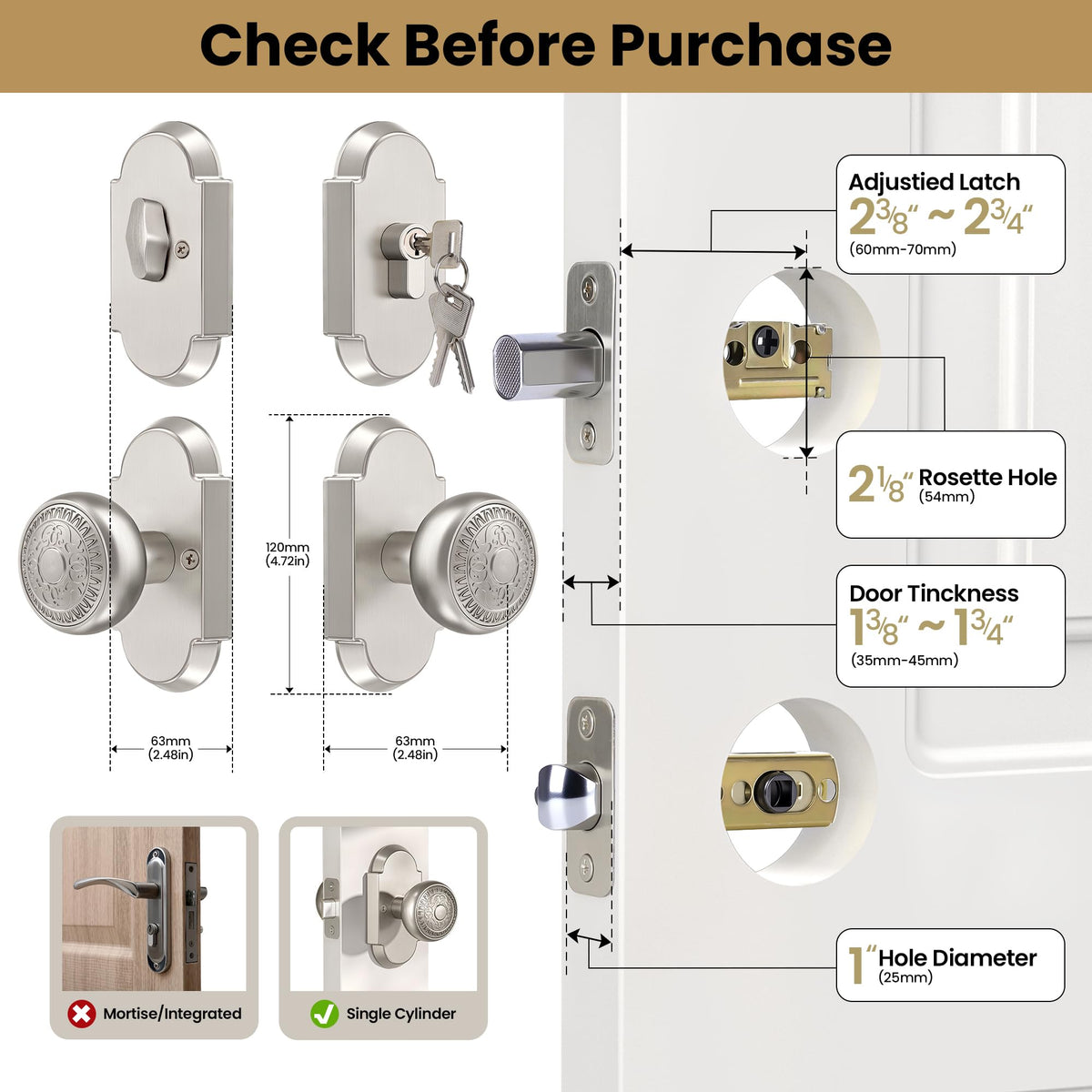 Satin Nickel Door Knobs with Deadbolt, Door Lock Set with Lock and Key
