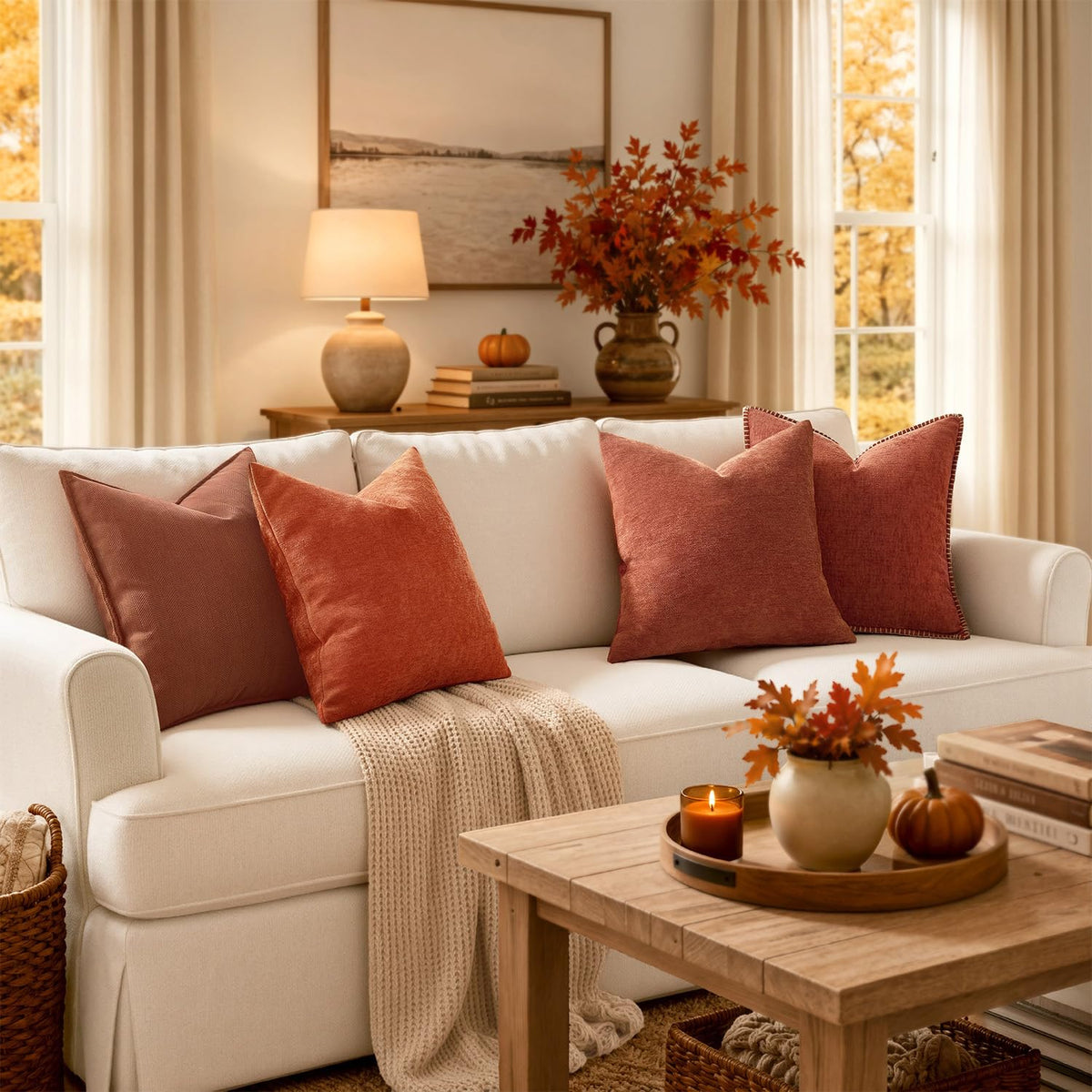 Pack of 2 Fall Burnt Orange Decorative Chenille Pillow Covers 18x18