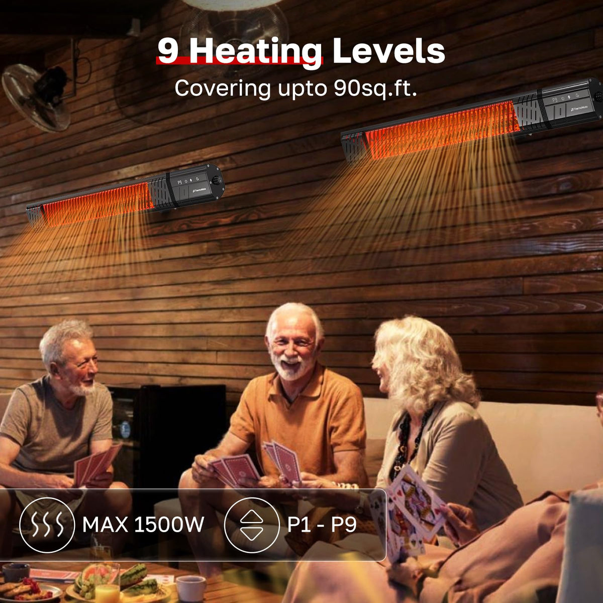 Infared Patio Heater for Outdoor, Electric 1500W IP65 Waterproof with Remote, 9 Heating Levels & 24H Timer for