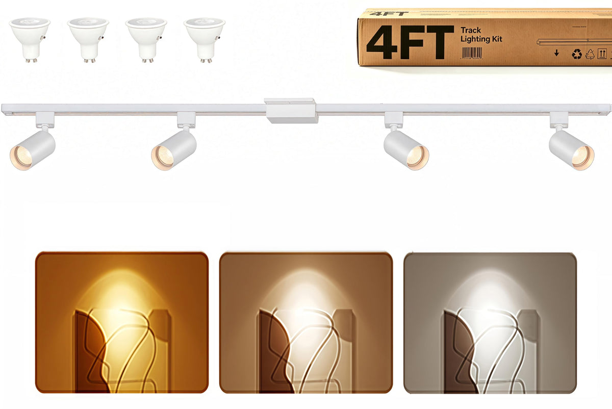 4FT LED Track Lighting Kit with 3-Color GU10 Bulbs, Dimmable 4 Lights White