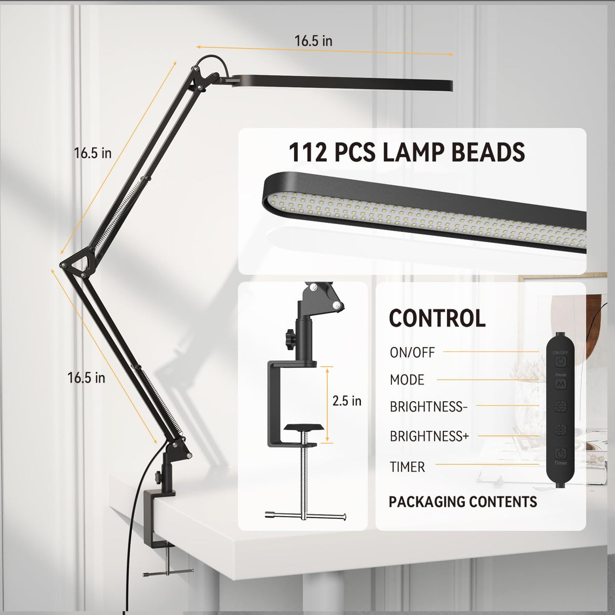 Desk Lamp, Eye Comfortable LED Desk Light for Long Hours, Adjustable Swing Arm with Memory Function, Black