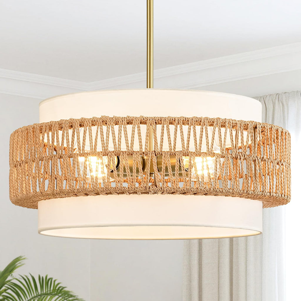 19.7" Rattan Chandelier, 4-Light Boho Pendant Hanging Light