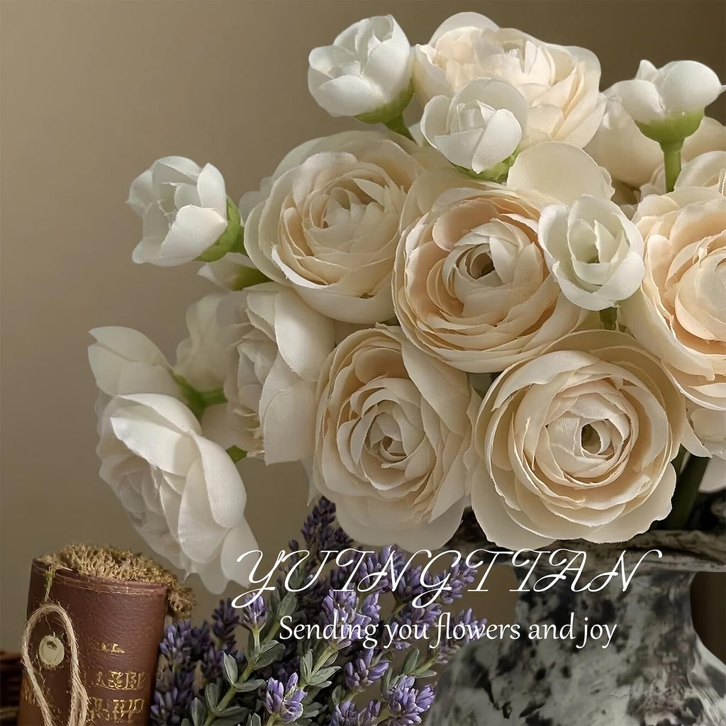 18 Pcs Ranunculus Artificial Flowers Faux Silk Stems Cream