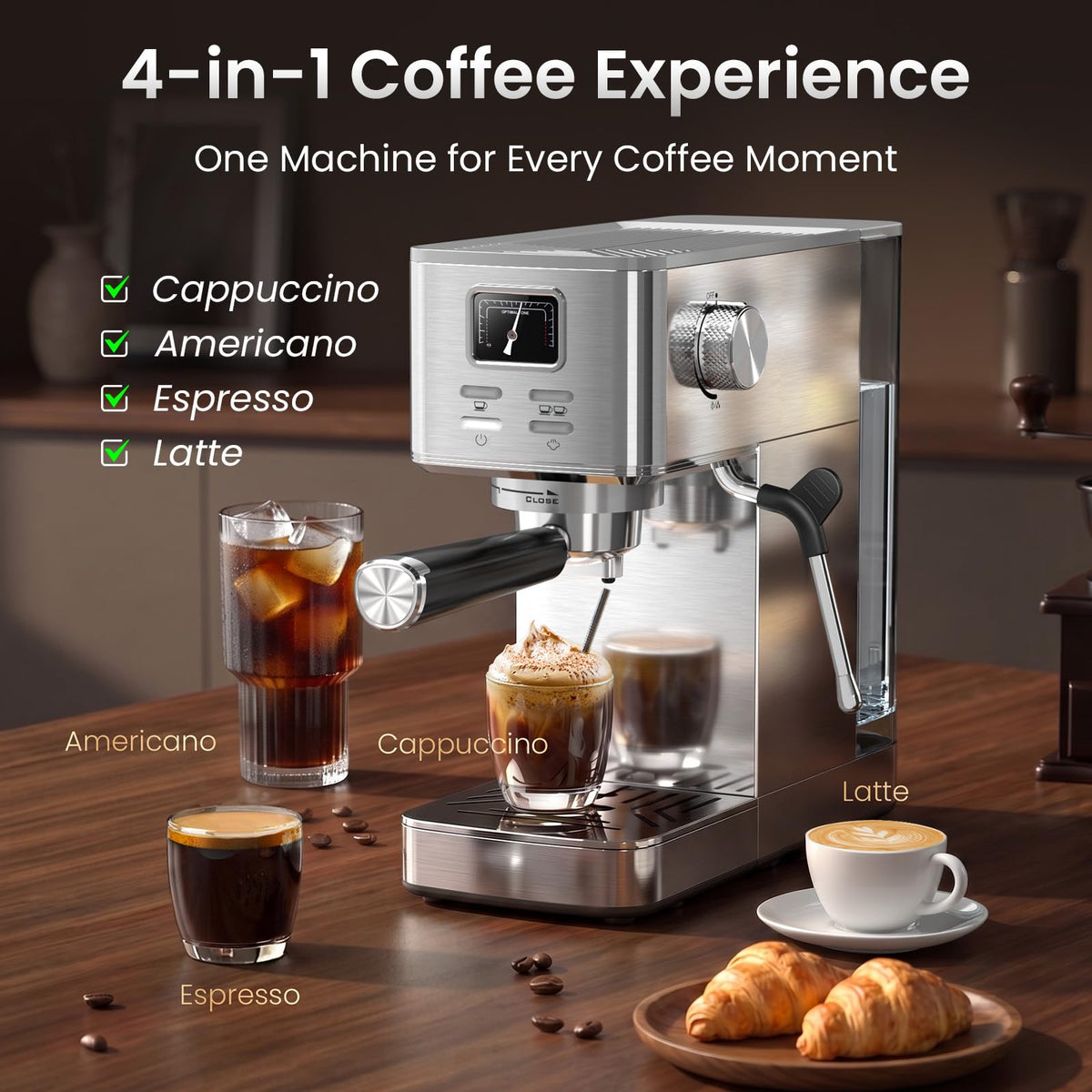 20 Bar Espresso Machine with Milk Frother, Semi-Automatic