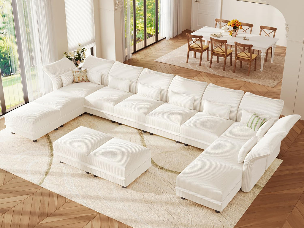 12 Seater Modular Sectional Sofa, Beige Corduroy