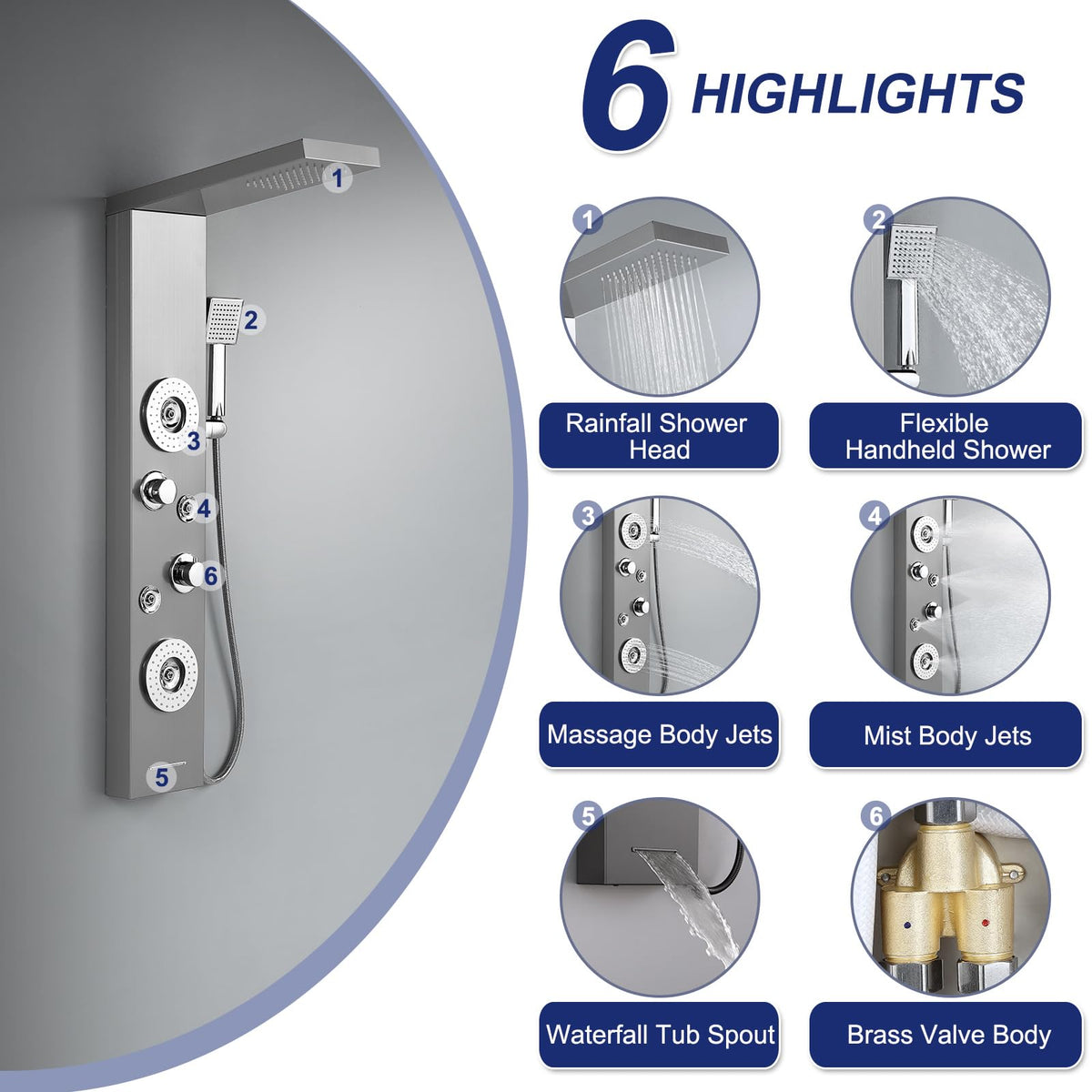 5 in 1 Rainfall Shower Panel Tower with Tub Spout, Brushed Finish