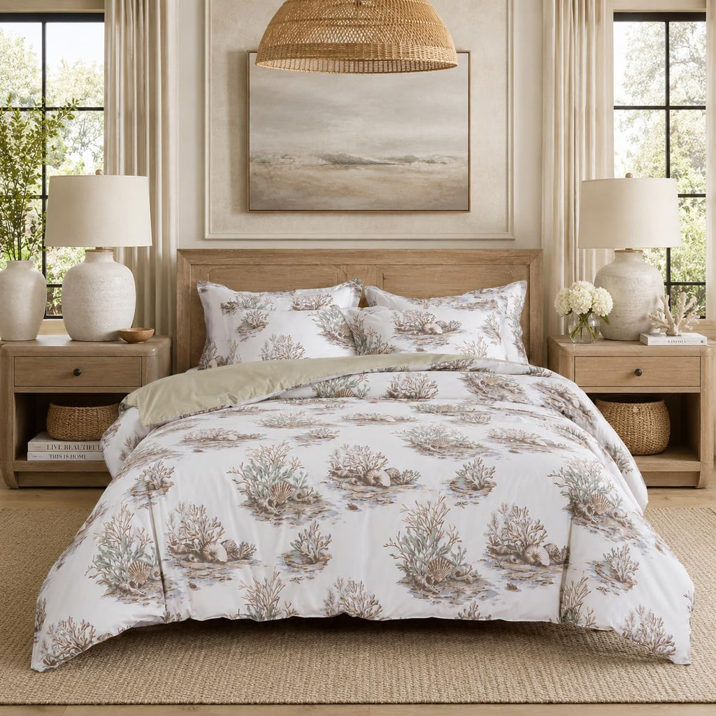 Luxury Coastal Cotton Duvet Cover Set Coastal Coral Seashell Toile Print Hotel-Quality Bedding Set 3-Piece