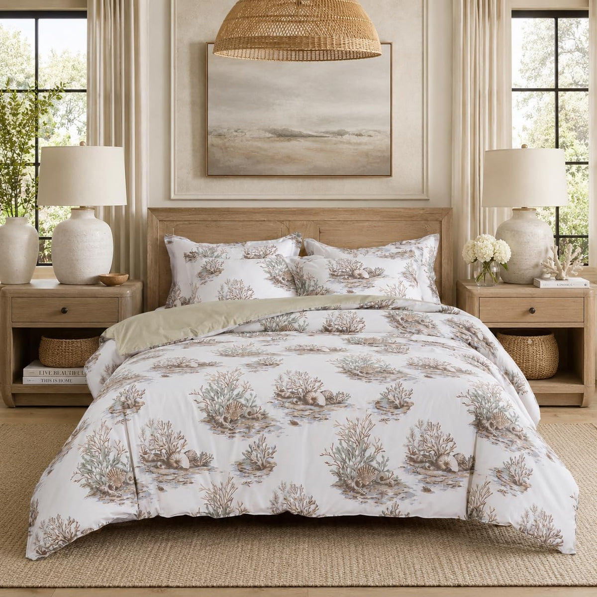 Luxury Coastal Cotton Duvet Cover Set Coastal Coral Seashell Toile Print Hotel-Quality Bedding Set 3-Piece