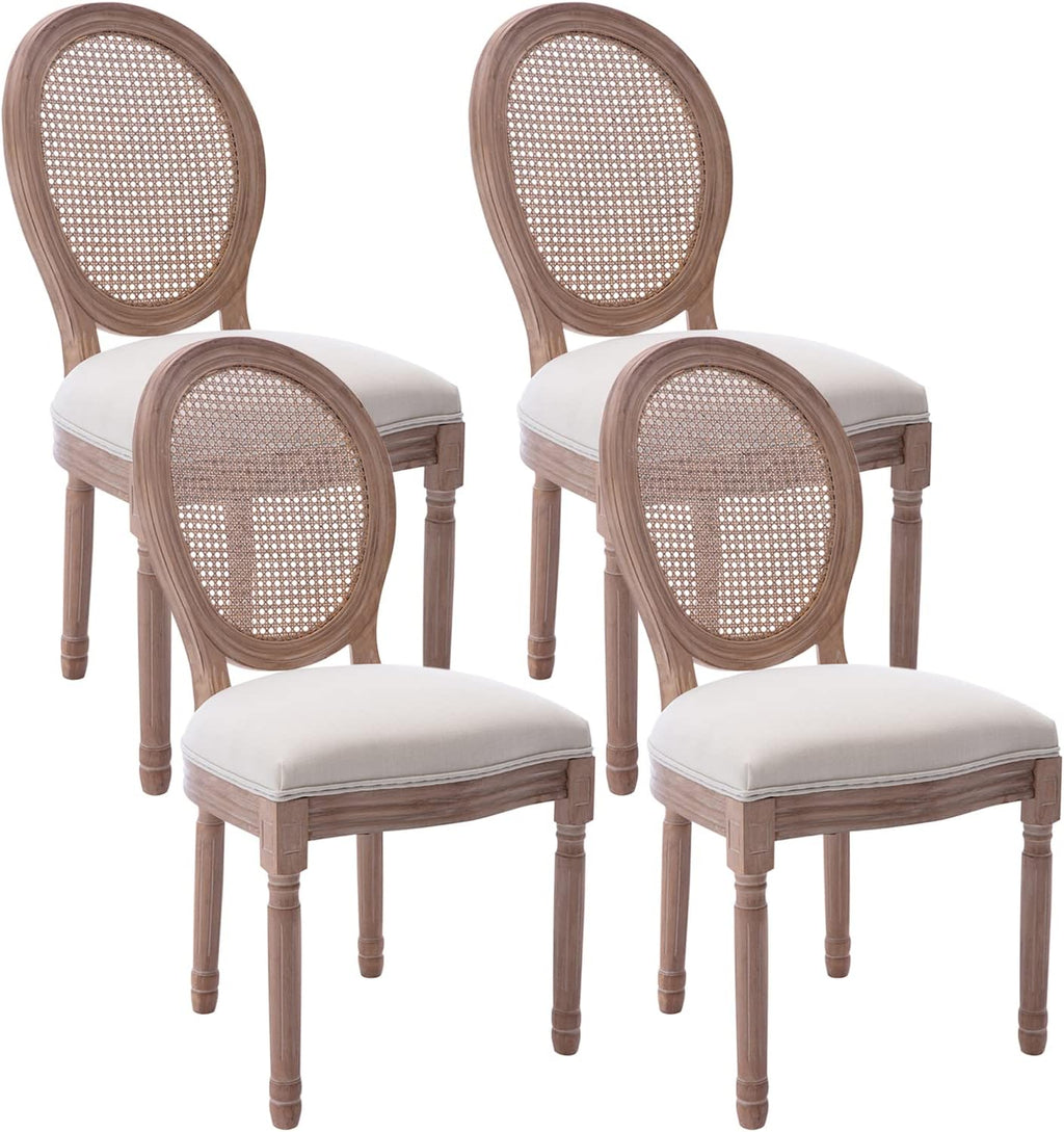 French Farmhouse Dining Chairs Set of 4, Upholstered Rattan Dining Chairs with Curved Backrest and Carved Solid Wood Frame for Dining Room or Restaurant