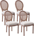 French Farmhouse Dining Chairs Set of 4, Upholstered Rattan Dining Chairs with Curved Backrest and Carved Solid Wood Frame for Dining Room or Restaurant