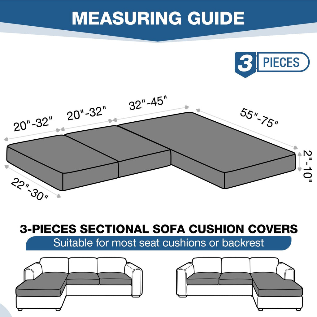 Sectional Couch Cushion Covers 3 Pieces, 2 Pieces Sectional Seat Covers + 1 Piece Chaise Cushion Covers for L Shaped