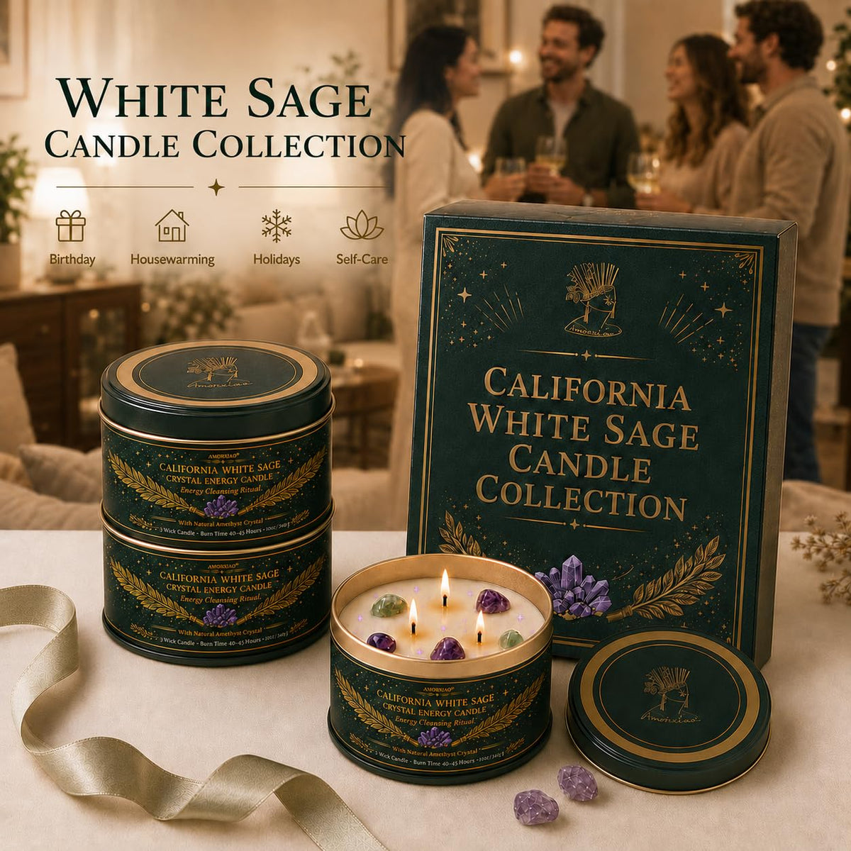 Sage Candle for Cleansing, 3 Pack Scented Candle Soy Candles with Crystals