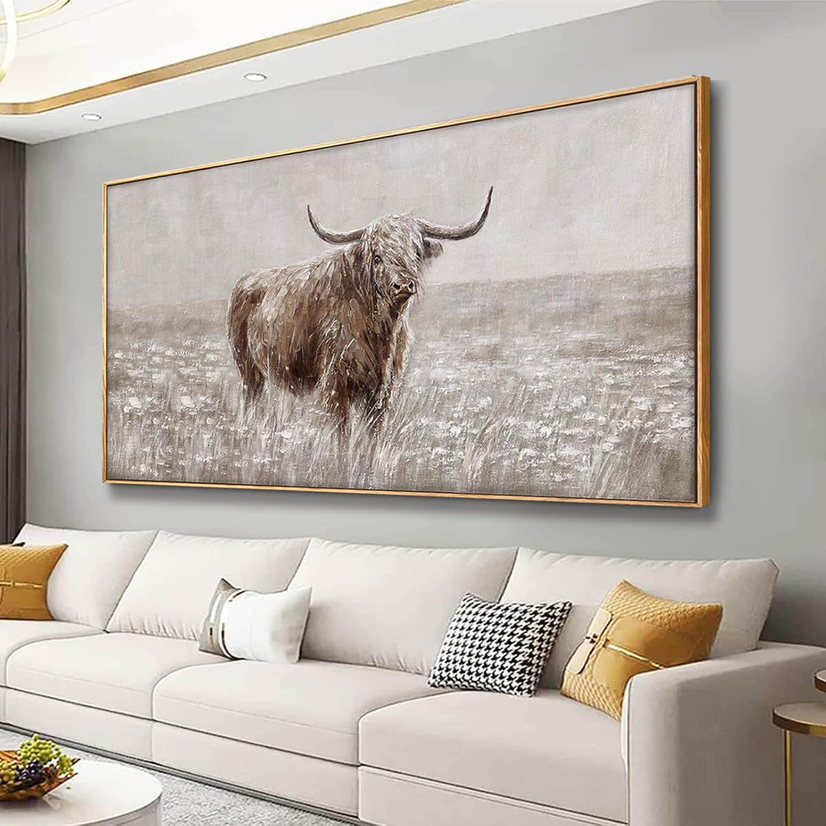 Farmhouse Highland Cow Wall Decor on Canvas with Framed Large Landscape Brown Artwork Living Room Office Decor