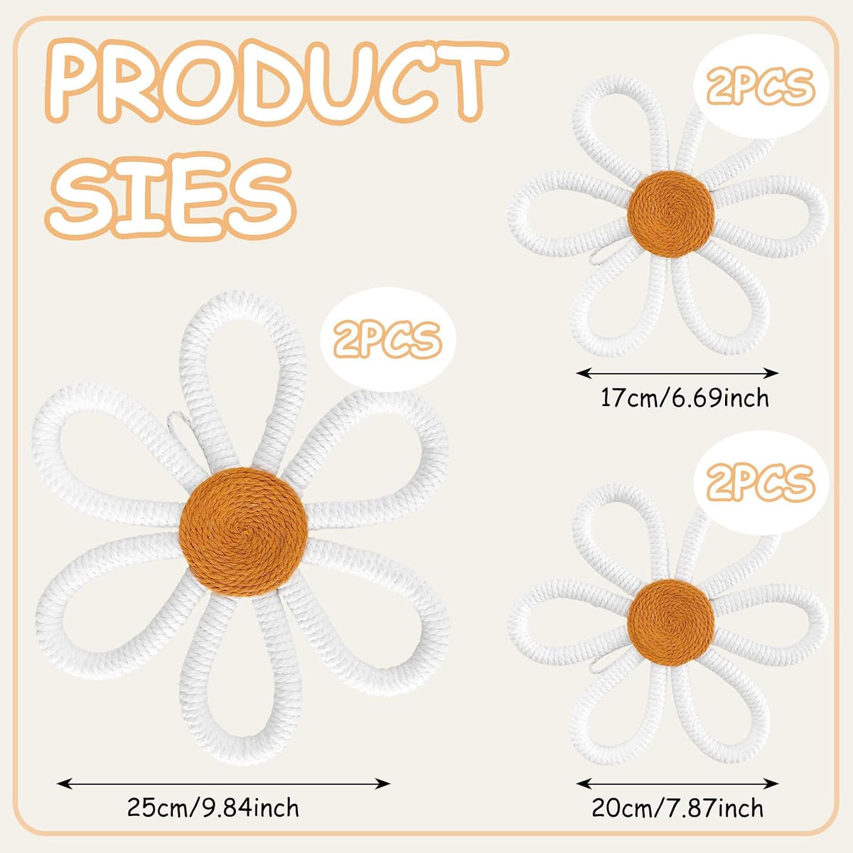 6 Pcs Boho Nursery Decor,Woven Macrame Daisy Flower Wall Hanging in 3 Sizes,Floral Wall Art for Bohemian Bedroom