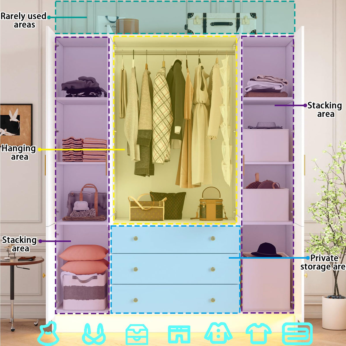 4 Doors LED Wardrobe Closet, 75" Tall Modern Armoire with Mirror & 3 Drawers, Wooden Armoire Wardrobe Closet