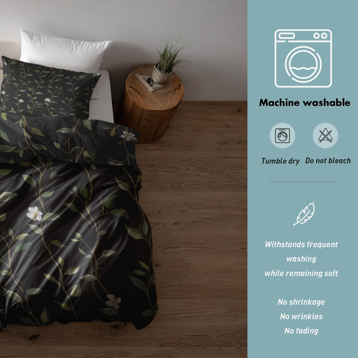 Botanical Duvet Cover, Tree Stripe Floral Black Green Reversible Design Bedding Set 2 Piece, Botanical