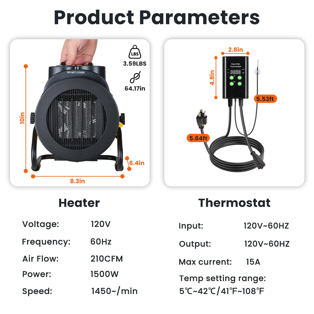 Greenhouse Heater with Thermostat, 1500W Electric Outdoor Heater