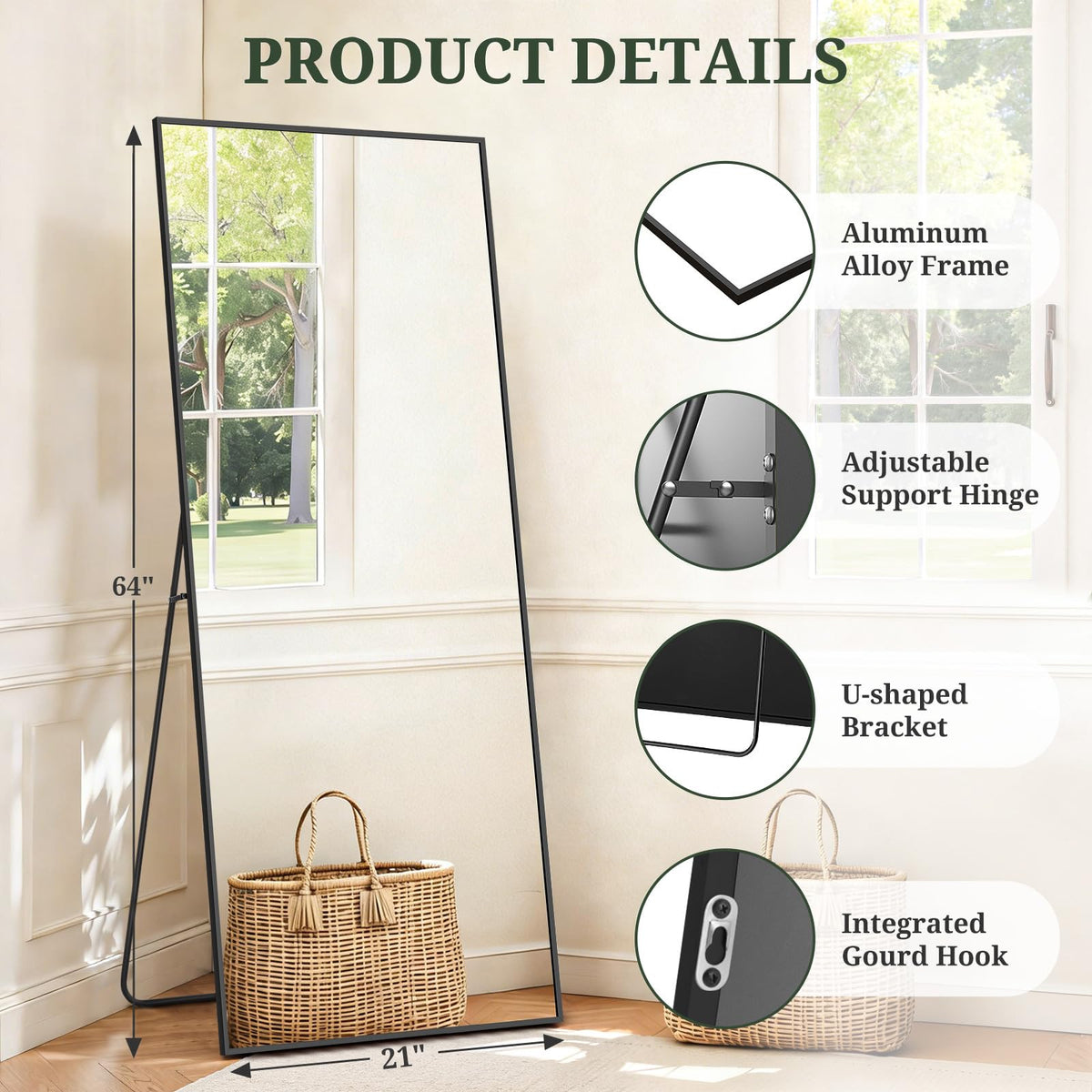 Mirror Full Length 64"x21", Rectangle Full Body Floor Mirrors with Stand