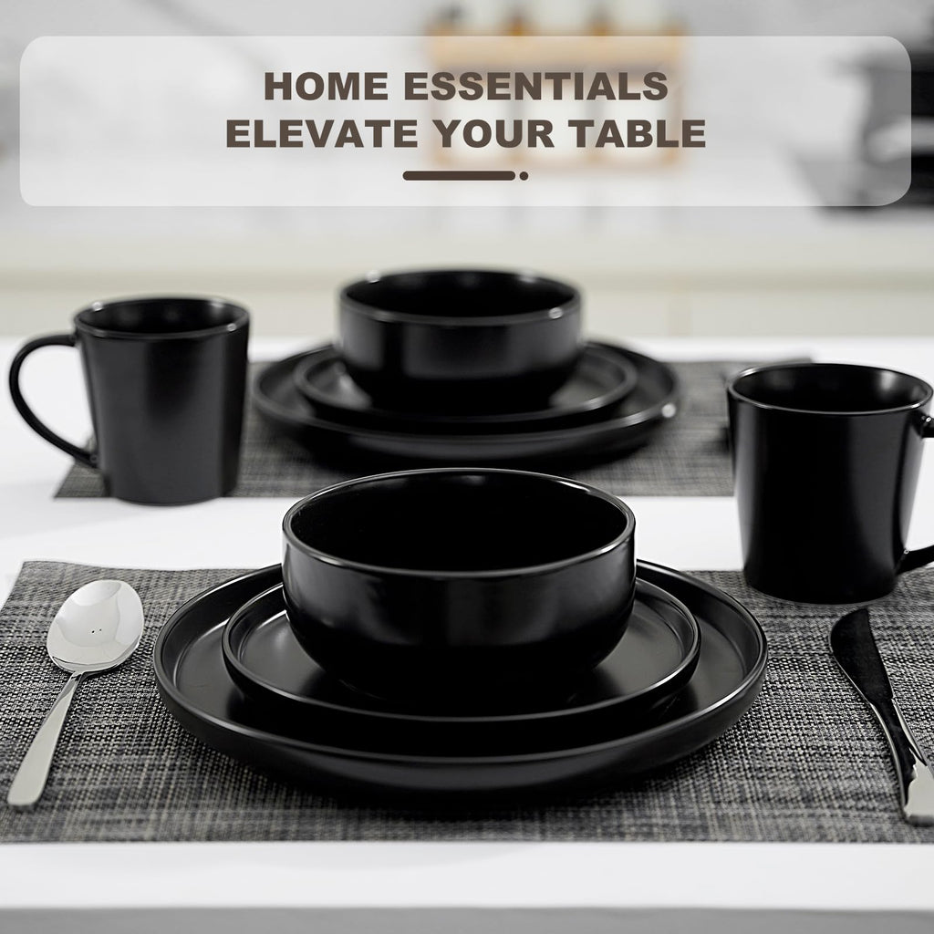 16-Piece Ceramic Dinnerware Sets with Mugs for 4, Black Plates and Bowls Set with Classic Design, Scratch Resistant