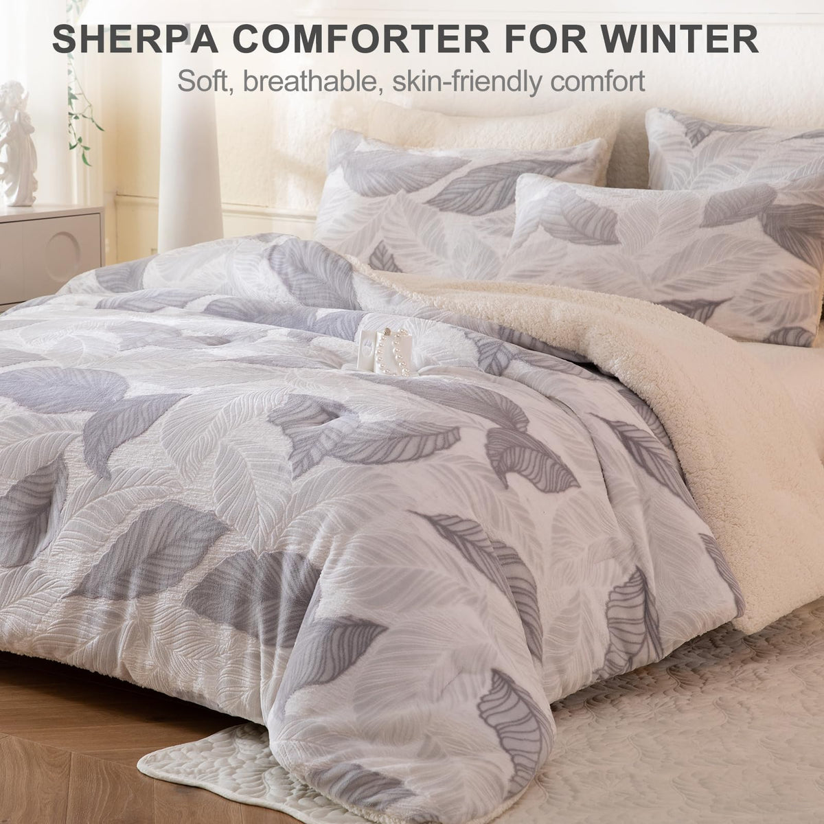 Tufted Fleece Comforter Set - Super Soft Warm Fluffy Shaggy Bedding Sets, Leaves Jacquard Bed Set for Winter, 1