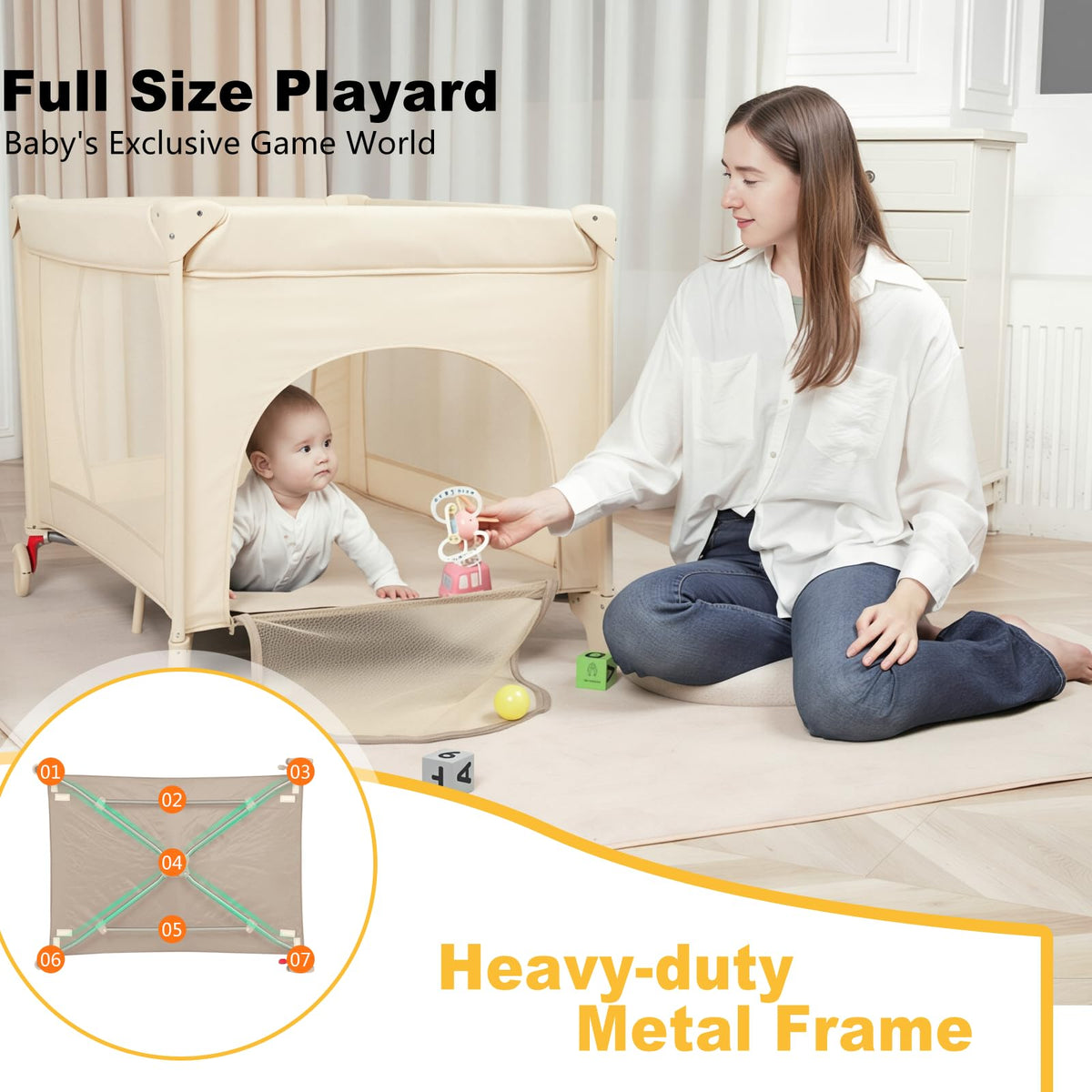 Play Yard,Baby Bassinet,Playpen,Crib, Diaper Changer,Khaki