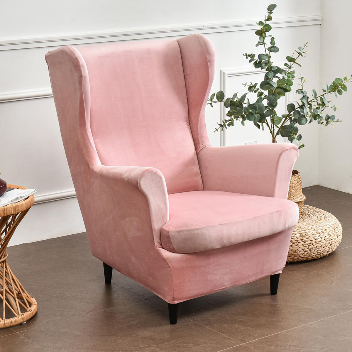 Velvet Wingback Armchair Covers 2-Piece Elastic Stretch Wingback Chair Sofa Slipcover Soft Wingback Chair Slipcover