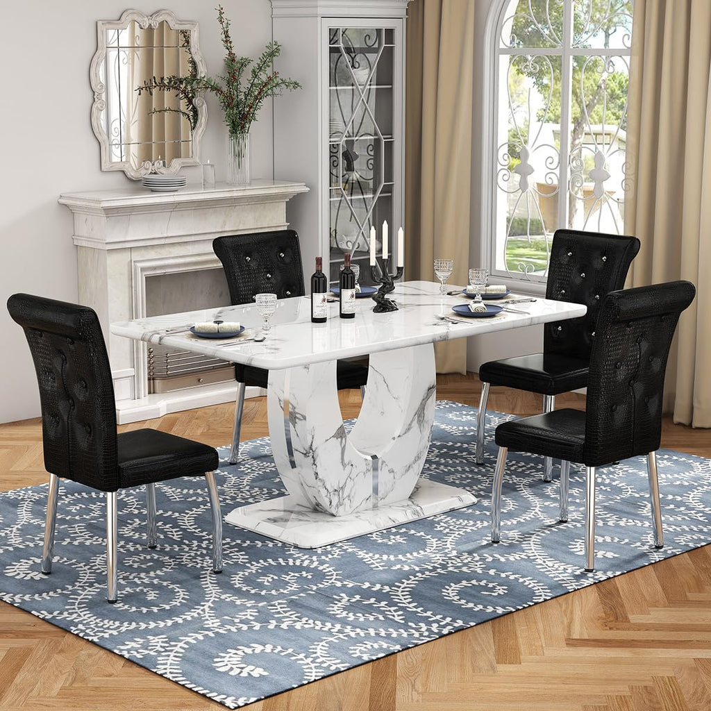 Modern Faux Marble Dining Table Set for 4, 63" White Rectangular Kitchen Table with Elegant U-Shaped Pedestal Base &