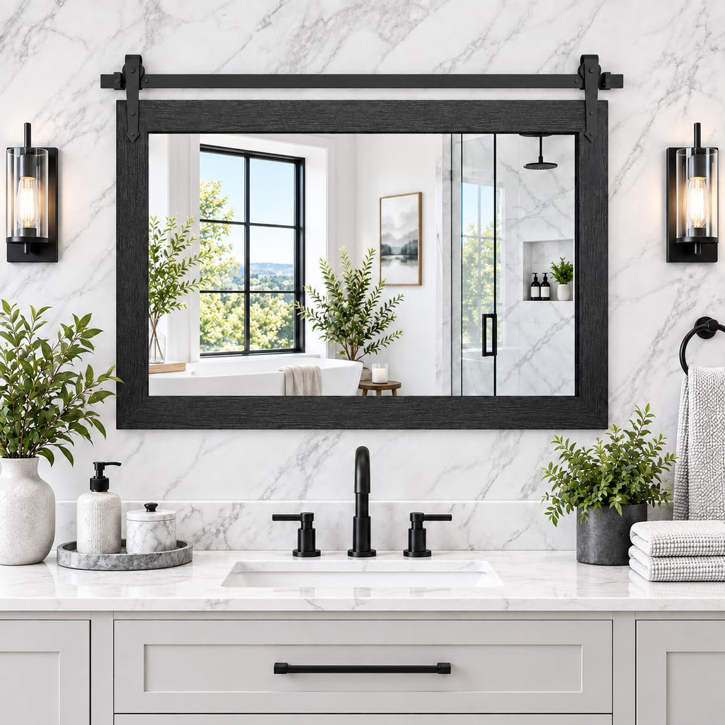 Farmhouse Mirror 42"x28" Black Rustic Mirror for Wall Vanity Mirrors Barn Door Style Decor Bathroom Living Room